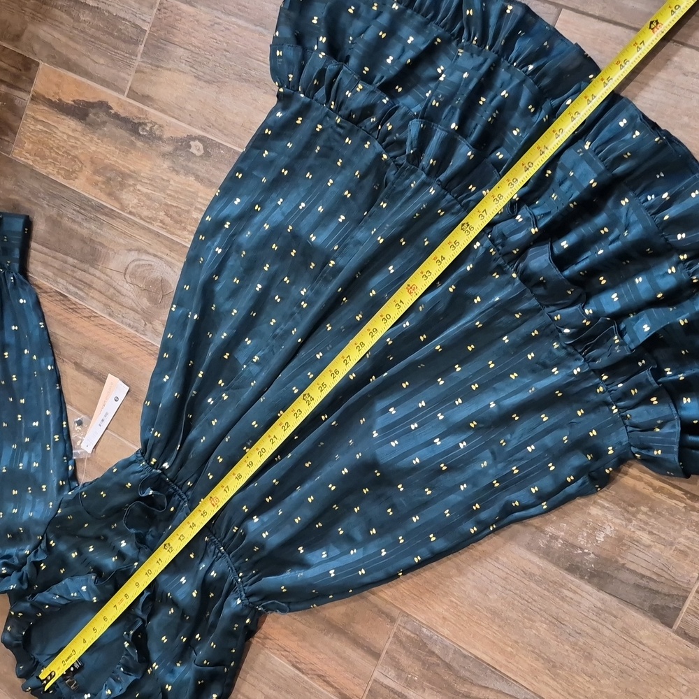 Aqua Ruffle Trim Clip Dot Long Sleeve Midi Wrap Dress, Teal Green & Gold, XS - Picture 7 of 16
